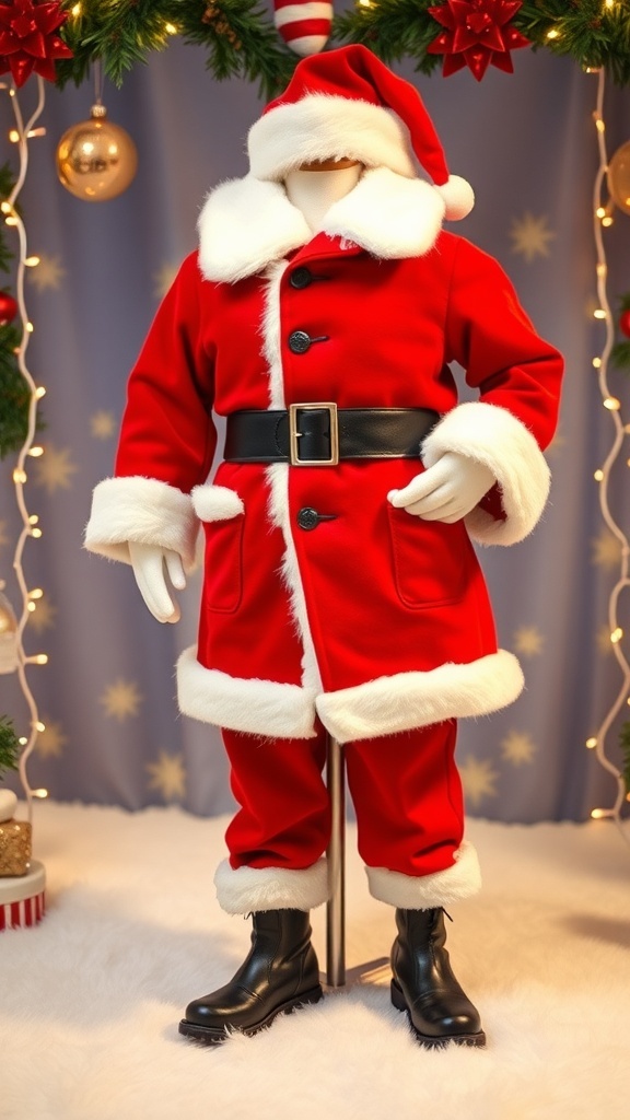 A Santa Claus outfit with red coat, pants, black belt, and hat, set against a festive Christmas backdrop.